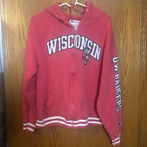 Vintage Champion Wisconsin Badgers Hoodie L Bucky Retro Striped‎ Red Sweatshirt